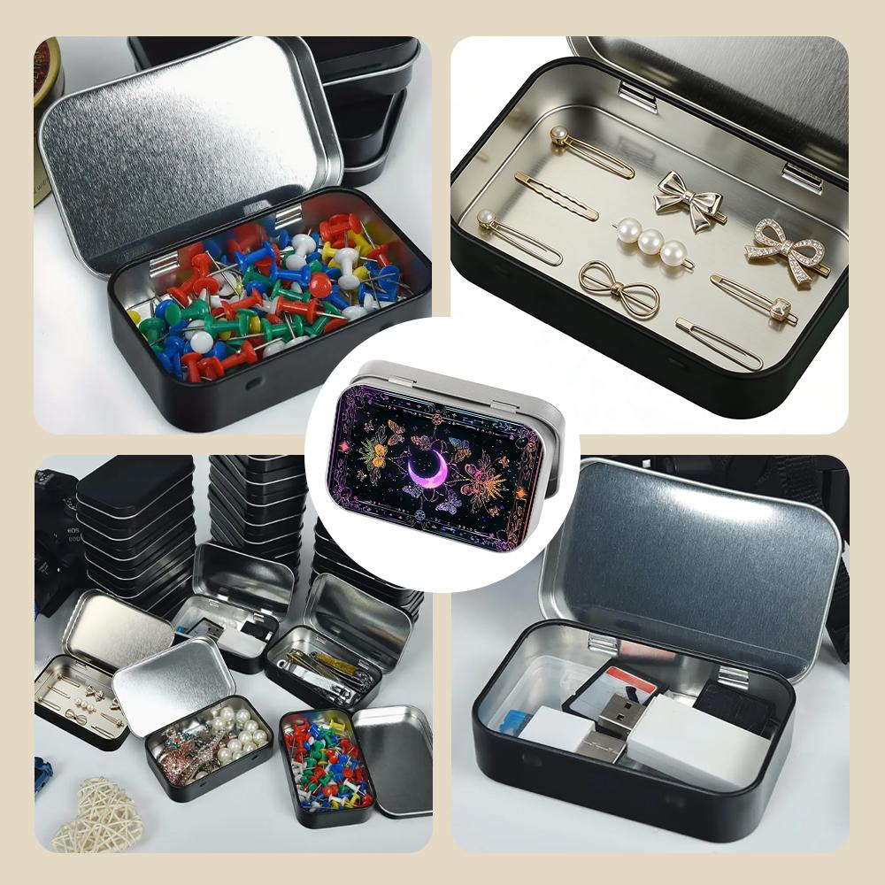 1Pc Celestial Moon & Butterfly Metal Tin Box with Hinged Lid - Small Storage Containers for Tarot Crystals, Jewelry - Decorative Rectangular Tinplate Organizer, Desktop Storage Box, Collectibles Storage, Witchy Gift for Women, Display Container