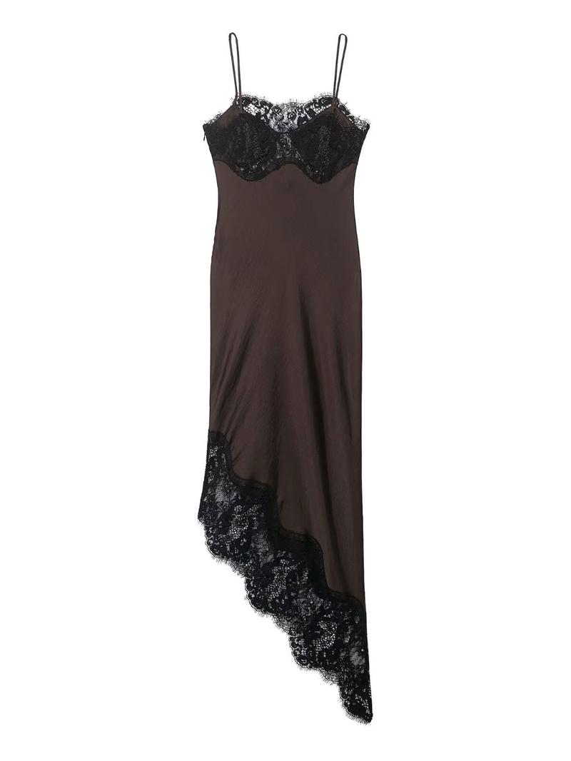 Women's Asymmetric Lace Satin Midi Dress, Chocolate Olive Thin Straps, Lace Trim and Silk Aesthetic, Spring Summer Fashion