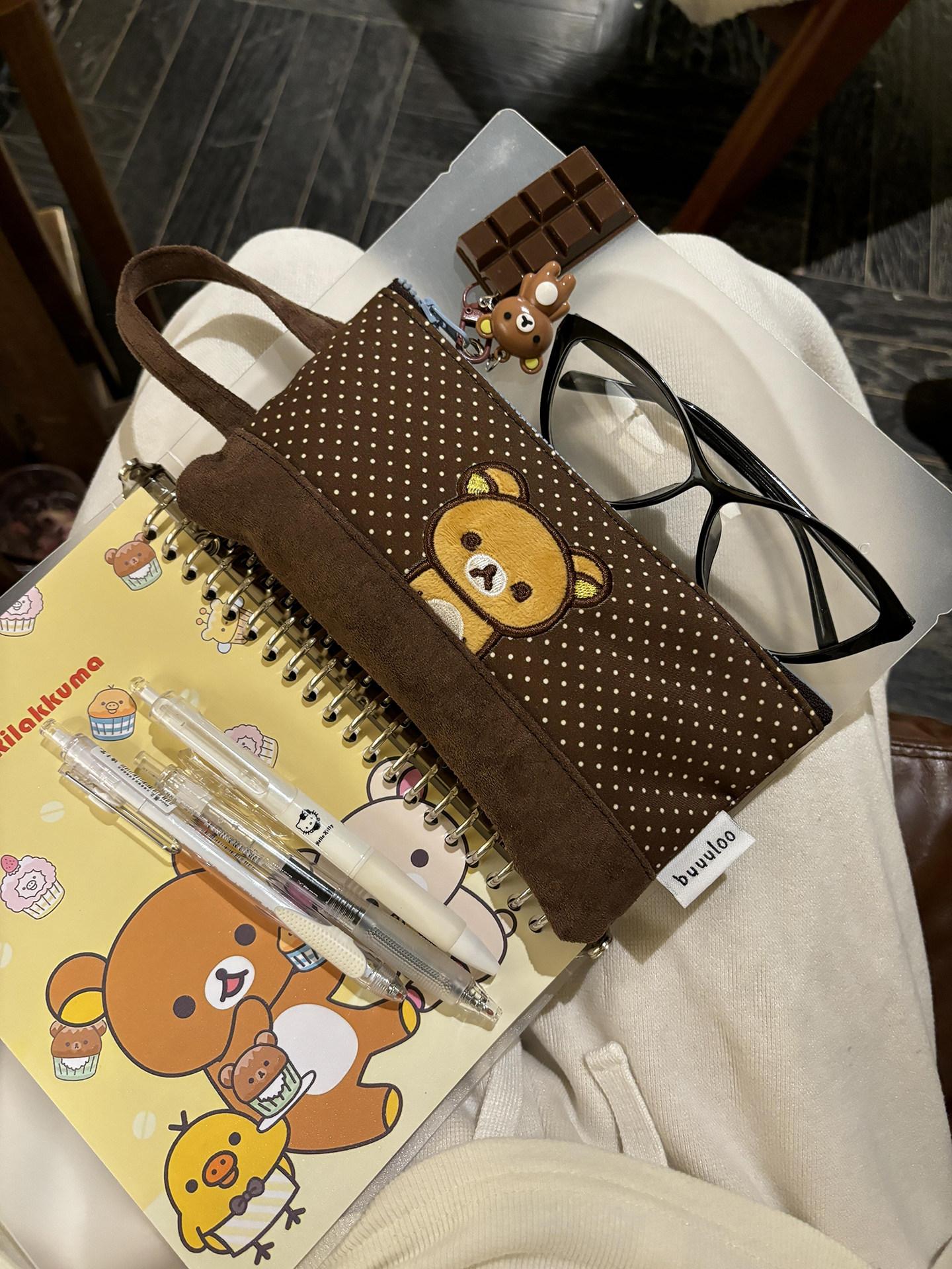 Buuuloo Original Embroidered Rilakkuma Pencil Case Large Capacity Polka Dot Ins Style Kawaii For Teen Girls High School Students