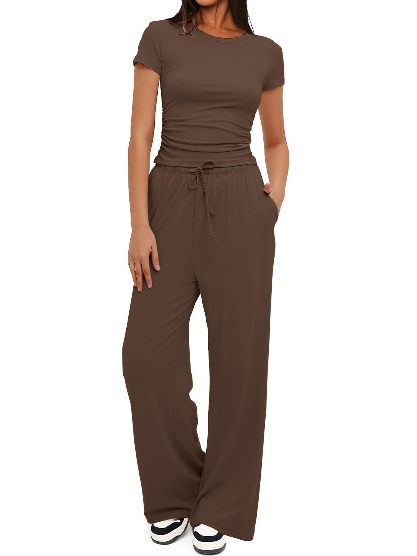 2026 Women's Solid Round Neck Short Tee and Pants, 2- or 6-Piece Set, Casual Comfy Elastic Pajama Set for Women, Cozy Loungewear for Daily Home Wear