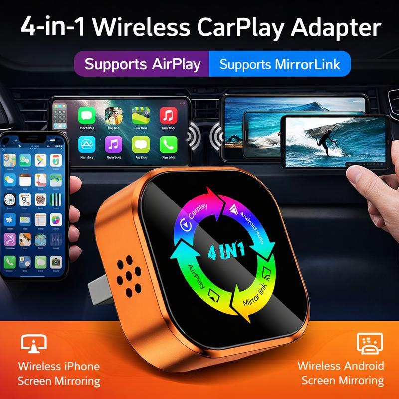2026 New 4-in-1 CarPlay Wireless Adapter - iPhone/Android Compatible | Fast Connection, Hands-Free Calling, AirPlay, Mirror Link, Netflix, Youtube type-c adapter Bluetooth 5.0 fast transmission, ultra-HD stereo sound