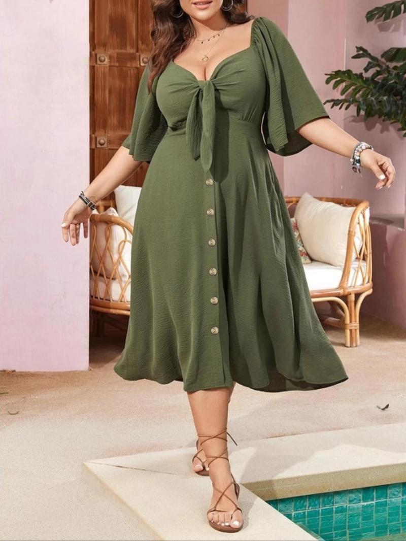 【Plus Size】 Solid Color A Line Dress, Casual Half Sleeve Dress for Spring & Fall, Women's Clothes for Daily Wear