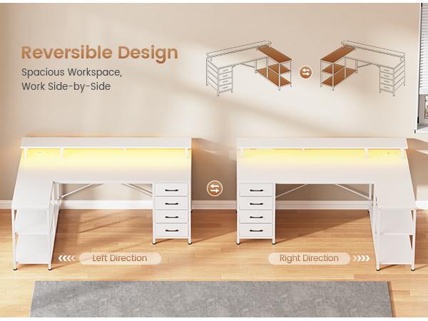 SEDETA 47.2 Inch L Shaped Desk with 4 Drawers and Storage Shelves L Shaped Gaming Desk with LED Lights Power Outlets