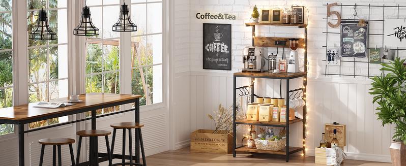 SUPERJARE Kitchen Bakers Rack with Power Outlet, Coffee Bar Table 4 Tiers, Kitchen Microwave Stand with 6 S-shaped Hooks, Kitchen Storage Shelf Rack for Spices, Pots and Pans