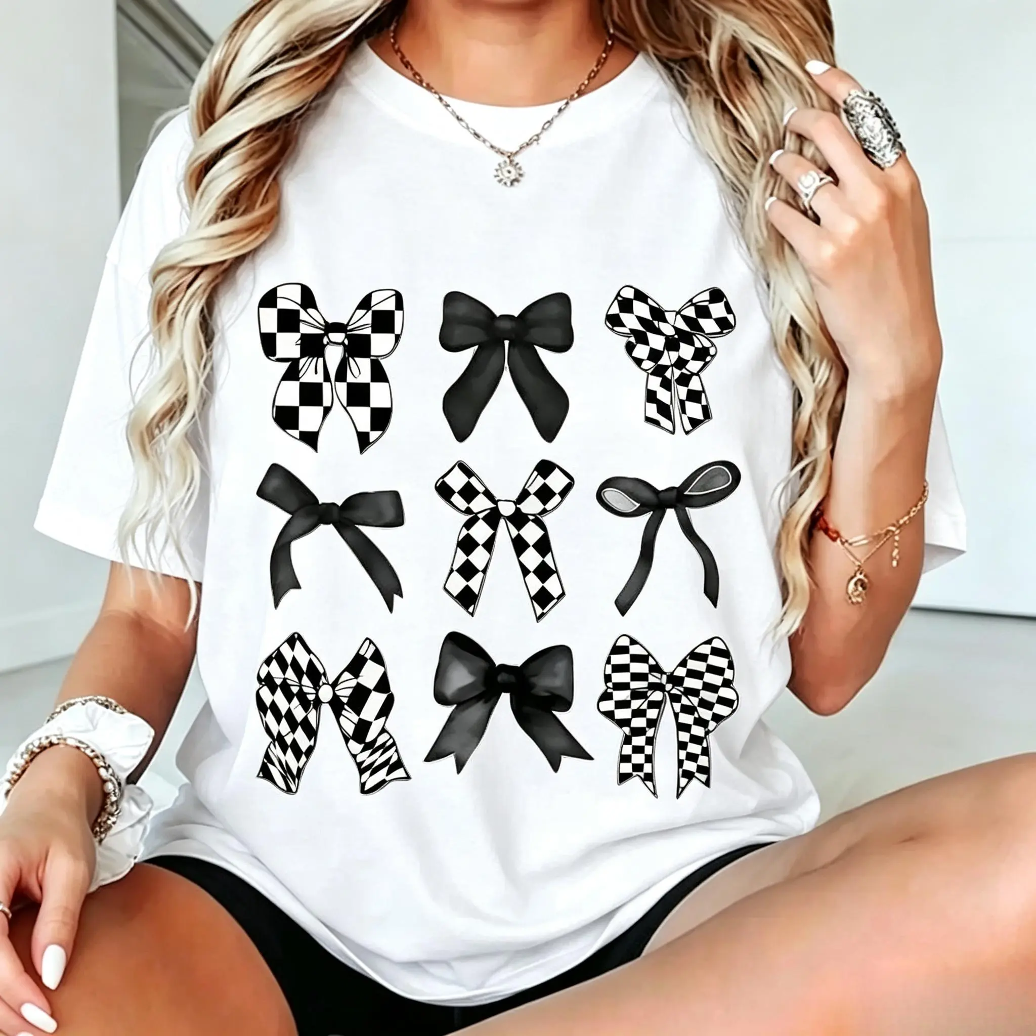 Unisex Fitted Polyester Graphic Tee - Coquette Bows Collection, Black-White Checkered Bow Aesthetic, Short-Sleeve Casual Wear Sports Top
