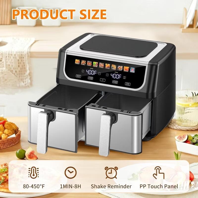 9.5L Large Capacity Double Basket Air Fryer with Independent Dual Zone Temperature Control, 10 One-Touch Preset Cooking Modes, Sync Finish and Match Cook Functions, Stainless Steel Non-Stick Baskets