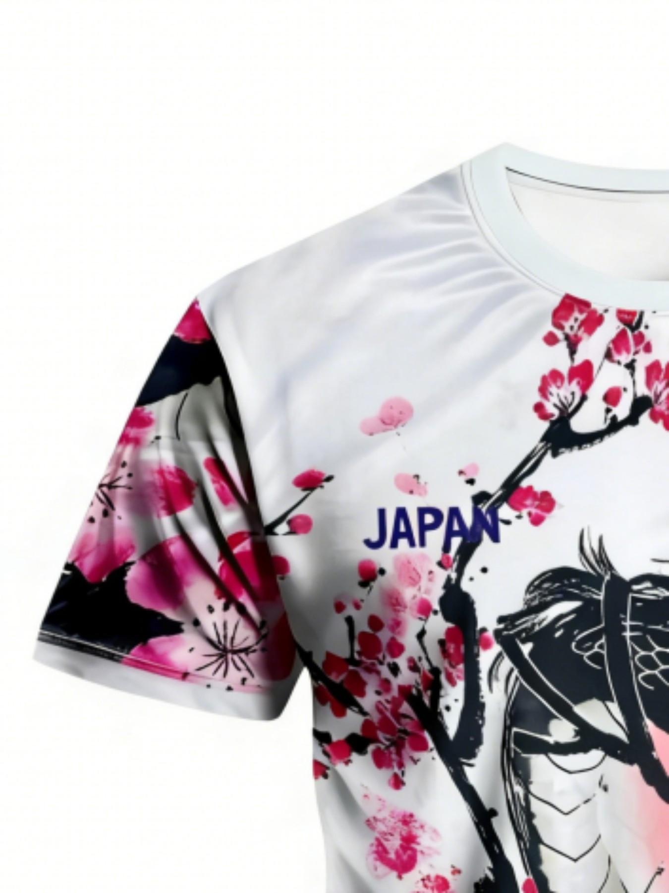Men's Japanese Dragon Cherry Blossom Ink Wash Print T-Shirt, Asian Street Style Round Neck Short Sleeve Top, Sporty Loose Fit Geometric Pattern