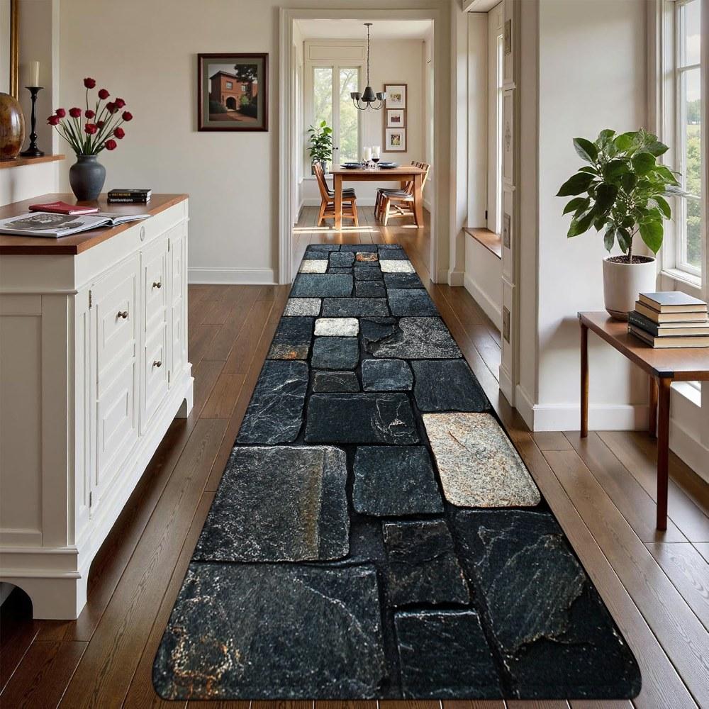 1PC， Black and White Stone Strip Splicing Patterned strip rugs, home décor, bathroom mats, entryway mats, bathroom non-slip mats, indoor entrance rugs, bedroom bedside mats, kitchen mats, hallway rugs, flannel sponge rugs, hallway runner rugs