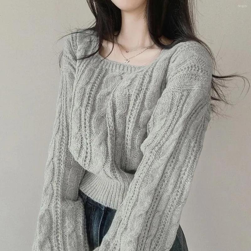 NewWomen's Pullover Square Neck Lantern Sleeve Knitted Casual Sweater Cable-knit Square Neck Solid Color Cropped Top