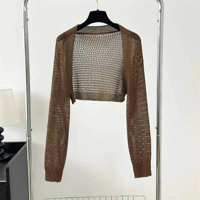 Crochet Knit Crop Cardigan Summer Beach Bikini Cover Up Long Sleeve Open-Front Bolero Sweater Shrug Top Women Vacation Outfit