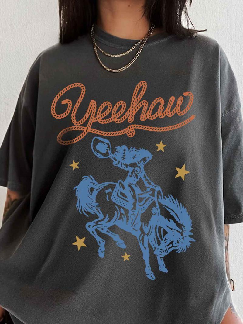 Women's Letter & Cowboy Print Drop Shoulder Tee, Casual Half Sleeve Round Neck T-shirt for Daily Wear, Ladies Clothes for All Seasons, Womenswear