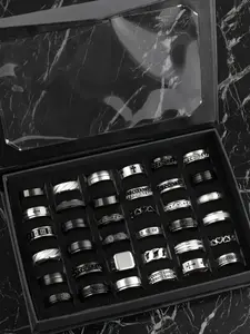 Men's Stainless Steel Ring Set, Fashion Rings, Punk Style, Polished, Sandblasted, Cross Line Texture, Chain Design, Casual Party Vacation Wear, Stackable Rings, Stacking Rings, Stackable Finger Rings, Metal Rings