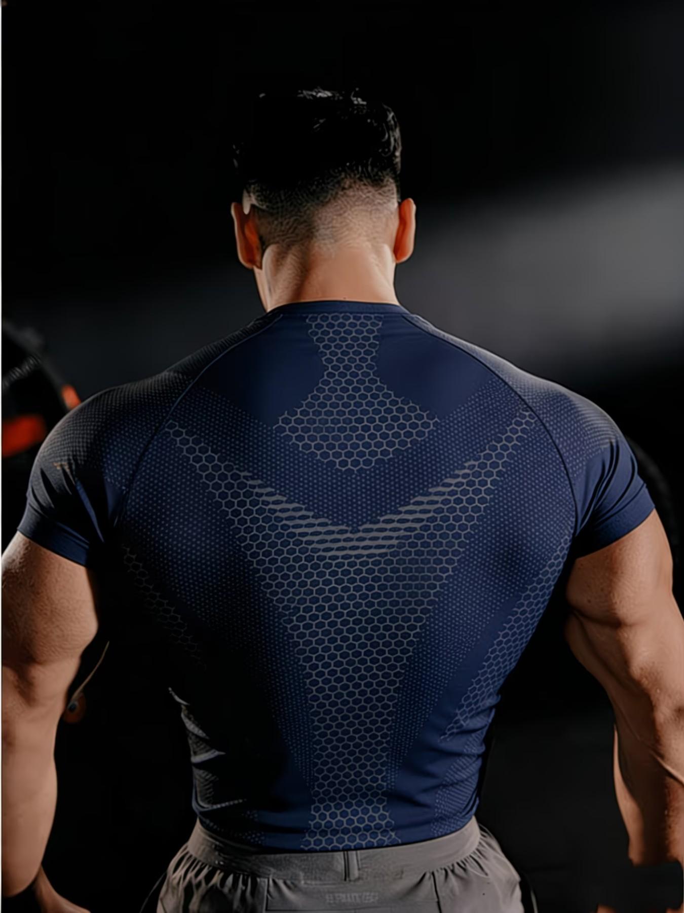 Men's Honeycomb Patchwork Quick-Dry Fitted T-Shirt, Stretch Breathable Wrinkle-Resistant, Boxing Running Fitness Daily Wear