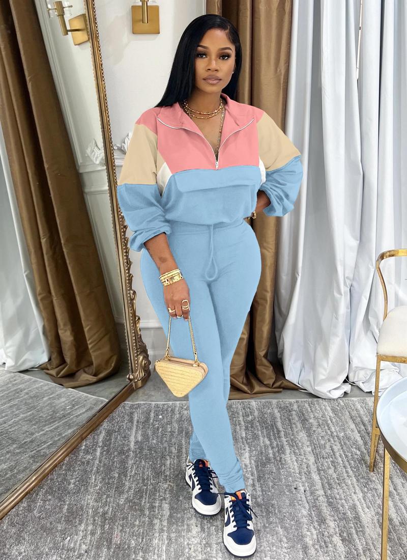 USBoutique Chic Women's Two Piece Outfits Knit Zip Top Jacket & Elastic Waistband Pant Tracksuit Sets 2-piece Pink Blue Colorblock