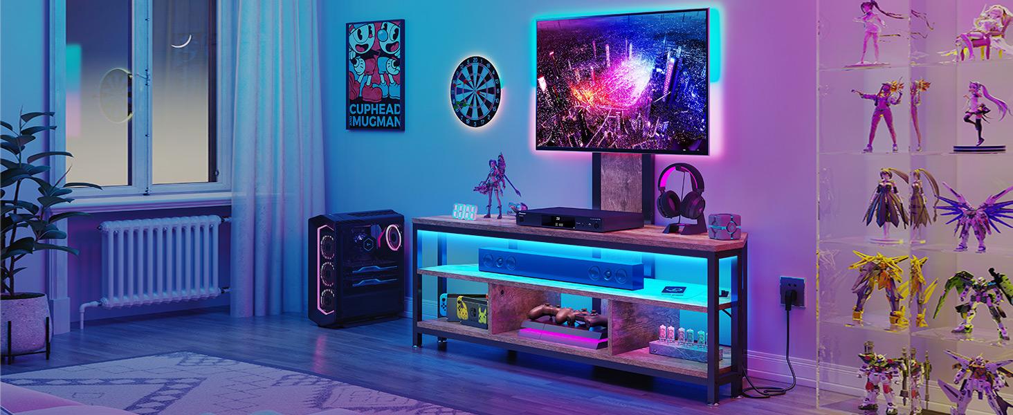 DWVO LED TV Stand with Mount and Power Outlet, TV Stand Mount for 65 inch TVs,Height Adjustable Mount, Entertainment Center Corner Media Console, Rustic Brown