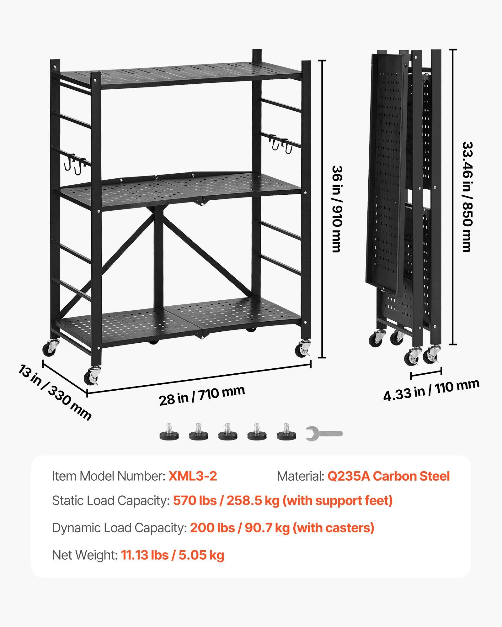 VEVOR 3-Tier Foldable Carbon Steel Storage Shelves, 13x28x36" Folding Metal Rack Unit, No-Assembly Organizer with 5 Wheels & 4 Hooks for Kitchen, Garage, Black