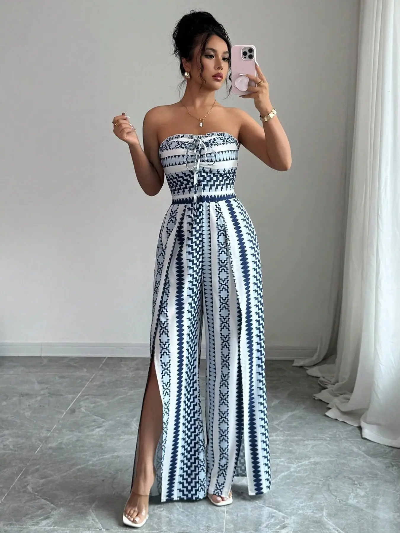 Breathable Flowy Wide Leg Geometric Printed Jumpsuit, Sleeveless Boho Style, Fit, High Waist, Leaf Print, Split Thigh Slit, Perfect for Beach, Work, Date Night Breathable Flowy Wide Leg Geometric Printed Jumpsuit, Sleeveless Boho Style, Fit, High Waist, Leaf Print, Split Thigh Slit, Perfect for Beach, Work, Date Night