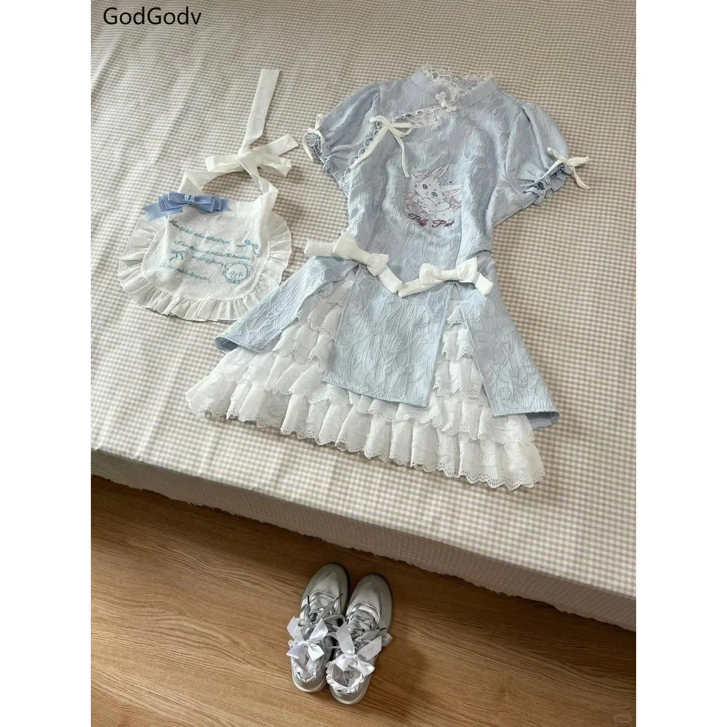 Summer Lolita Retro Elegant Sweet Mini Skirt Suits Woman Y2k Lace Design Harajuku 2 Piece Sets Female Bow Princess Chic Outfits