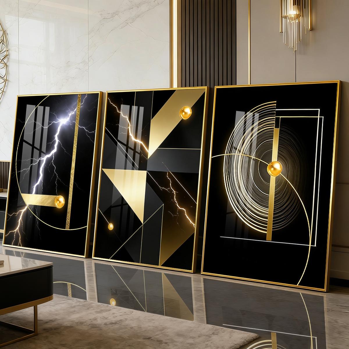 3 Counts Aluminum Alloy Framed Painting, Abstract Golden Geometric Lightning Art Pictures, Home Decoration For Living Room, Bedroom, Office, Restaurant, Hallway Wall Decor, Odorless Print Artwork, Luxury Perfect Gift For Friends And Family