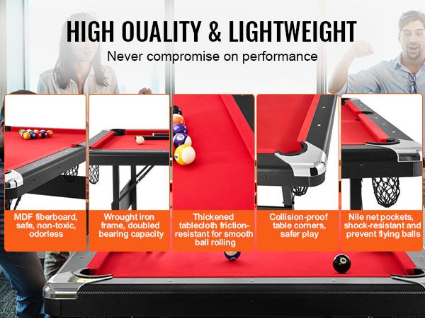 VEVOR Billiards Table, 7 ft Pool Table, Portable Foldable Space-Saving Table, Billiard Table Set Includes Balls, Cues, Chalks and Brush, Black with Red Cloth, Perfect for Family Game Room Kids Adults