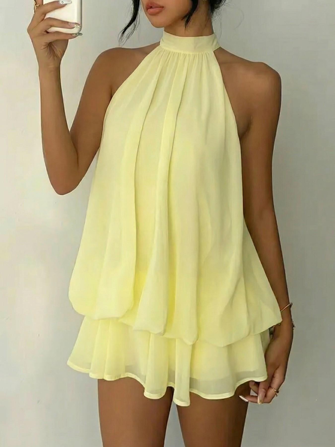 Women's Summer Fashion Party Halter Neck Tie Back Mini Dress, Slim-Fitting Casual Elegant Short Sleeveless Dress for Home Outdoor City Style