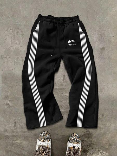 Striped Sporty Sweatpants with Side Bars & the Star Logo, Drawstring Waist, Loose Fit, Skin-Friendly Fabric for Daily Wear, Athleisure Style Pants