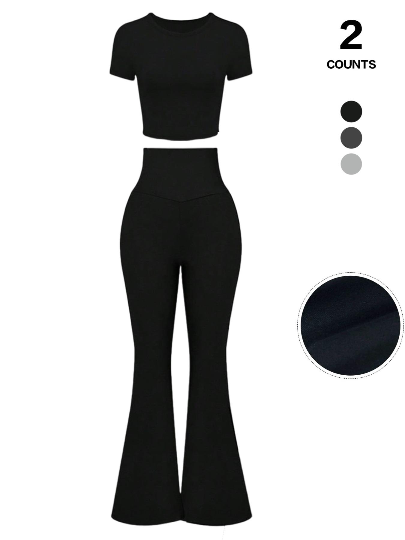 Women's 2 Piece Matching Lounge Set Gym Casual Wear Short Sleeve Crop Top and High Waisted Flare Leg Pants Yoga Outfit