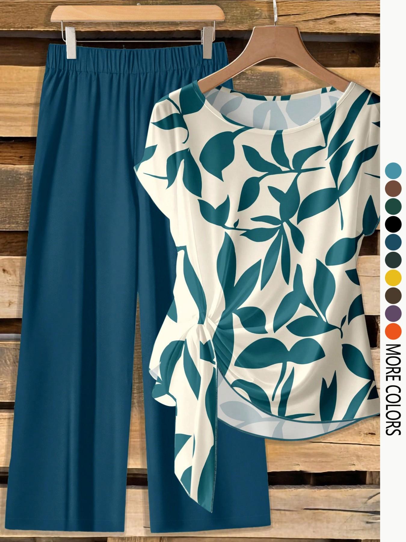 Women's Casual Printed Necktie Shirt and Loose Straight Pants Set, Perfect for Spring and Summer, Comfortable Two-Piece Women's Casual Printed Necktie Shirt and Loose Straight Pants Set, Perfect for Spring and Summer, Comfortable Two-Piece