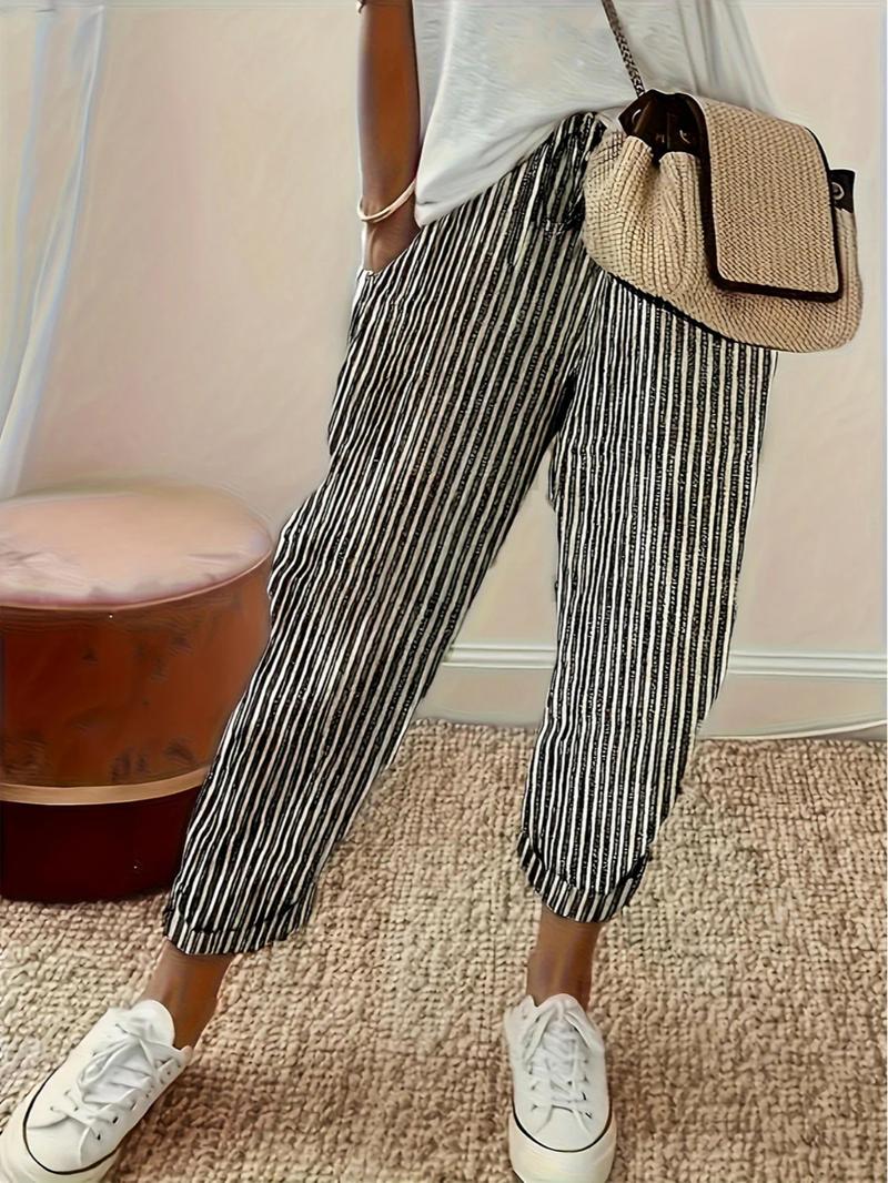 Women's Striped Print Pocket Elastic Waist Pants, Casual Comfy Trousers for Daily Wear, Ladies Bottoms for All Seasons