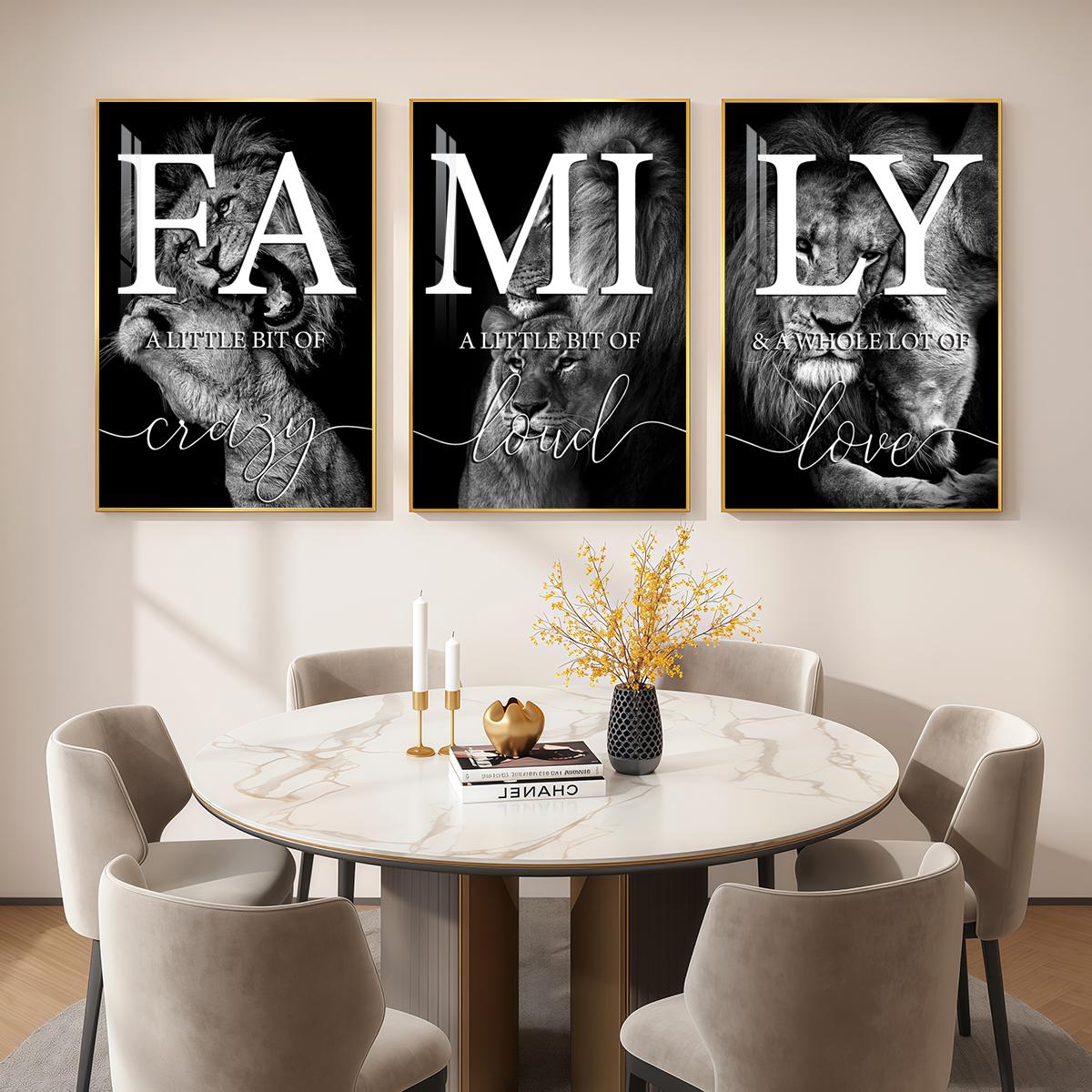 3 Counts Aluminum Alloy Framed Painting, Family Lion Wall Art Black And White Animal Poster, Home Decoration For Living Room, Bedroom, Office, Restaurant, Hallway Wall Decor, Odorless Print Artwork, Luxury Perfect Gift For Friends And Family