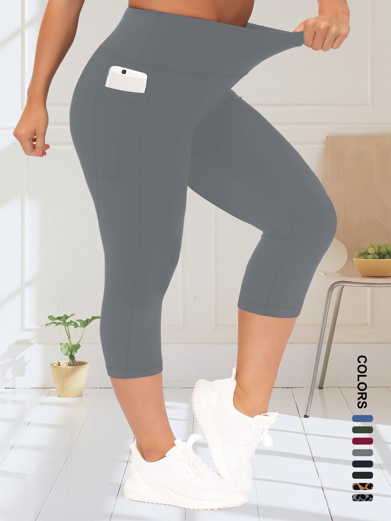 【Plus Size】 Solid/Leopard Pattern High Waist Pocket Capri Leggings, Casual Comfy Skinny Capri Pants for Daily Wear, Women's Bottoms for Summer