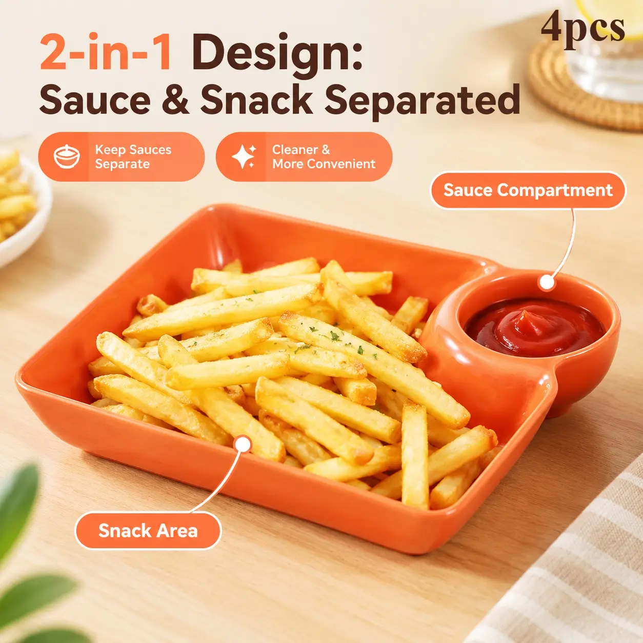 4pcs Ceramic Divided Snack Plate with Sauce Compartment, Multicolor Rectangular Serving Tray, Serving Plates, for Dumplings Sushi Fries, Easy Clean Tableware for Home Party Dining