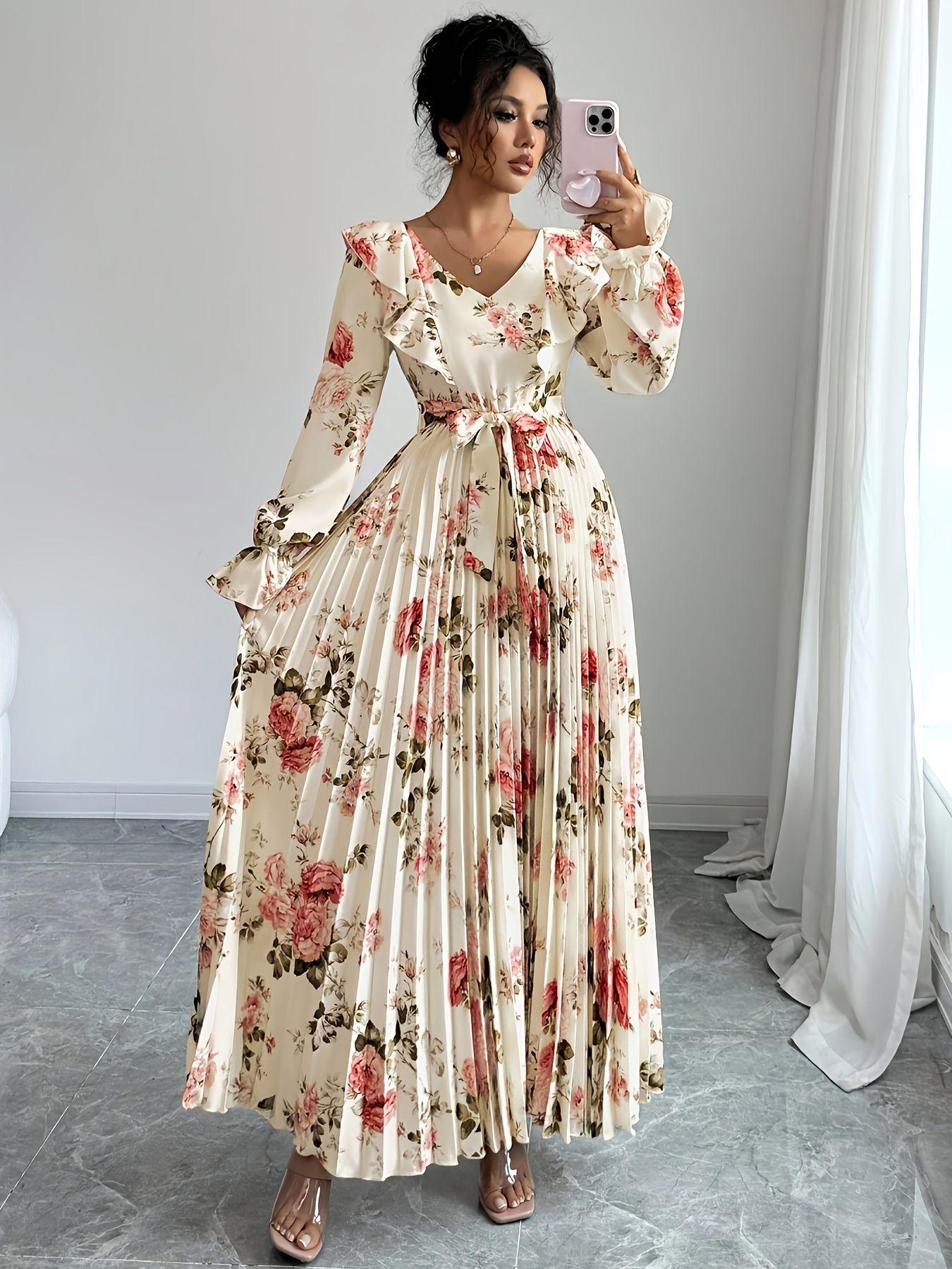 Elegant cross-border French vintage rose print long dress with a waist-cinching design that accentuates a slim figure, featuring a V-neck, ruffled long sleeves, and a pleated large hem skirt
