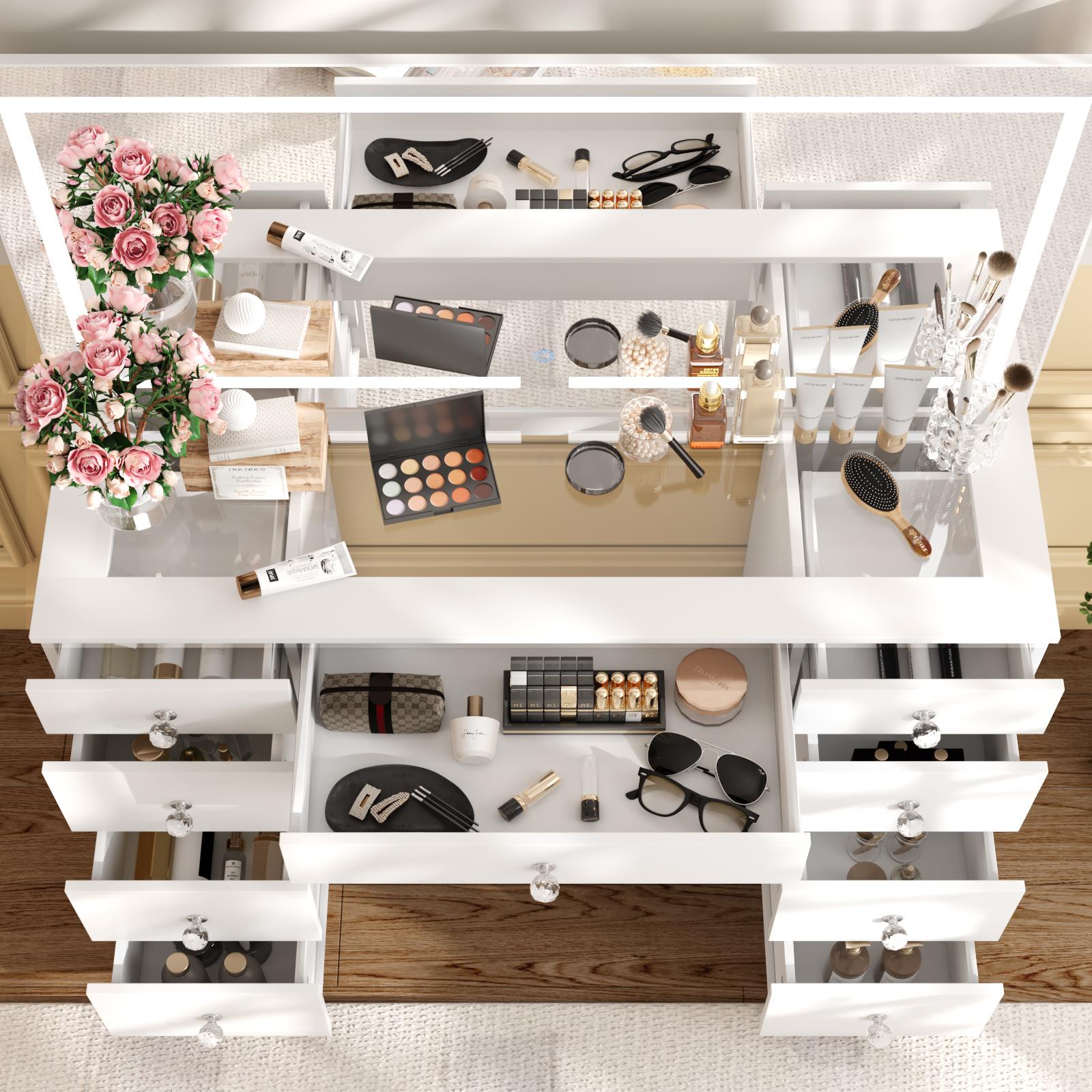 VOWNER 54'' Tall Makeup Vanity Desk with Lighted Mirror ,9 Drawers, Soft Cushioned Stool for Bedroom