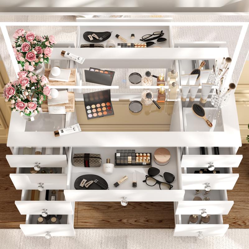 VOWNER 54'' Tall Makeup Vanity Desk with Lighted Mirror ,9 Drawers, Soft Cushioned Stool for Bedroom
