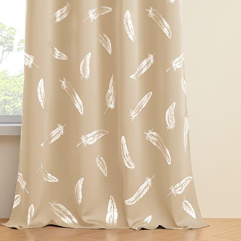 Two elegant feather-patterned decorative digital printed semi-transparent curtains made of polyester, suitable for living rooms and bedrooms, available in various pattern colors