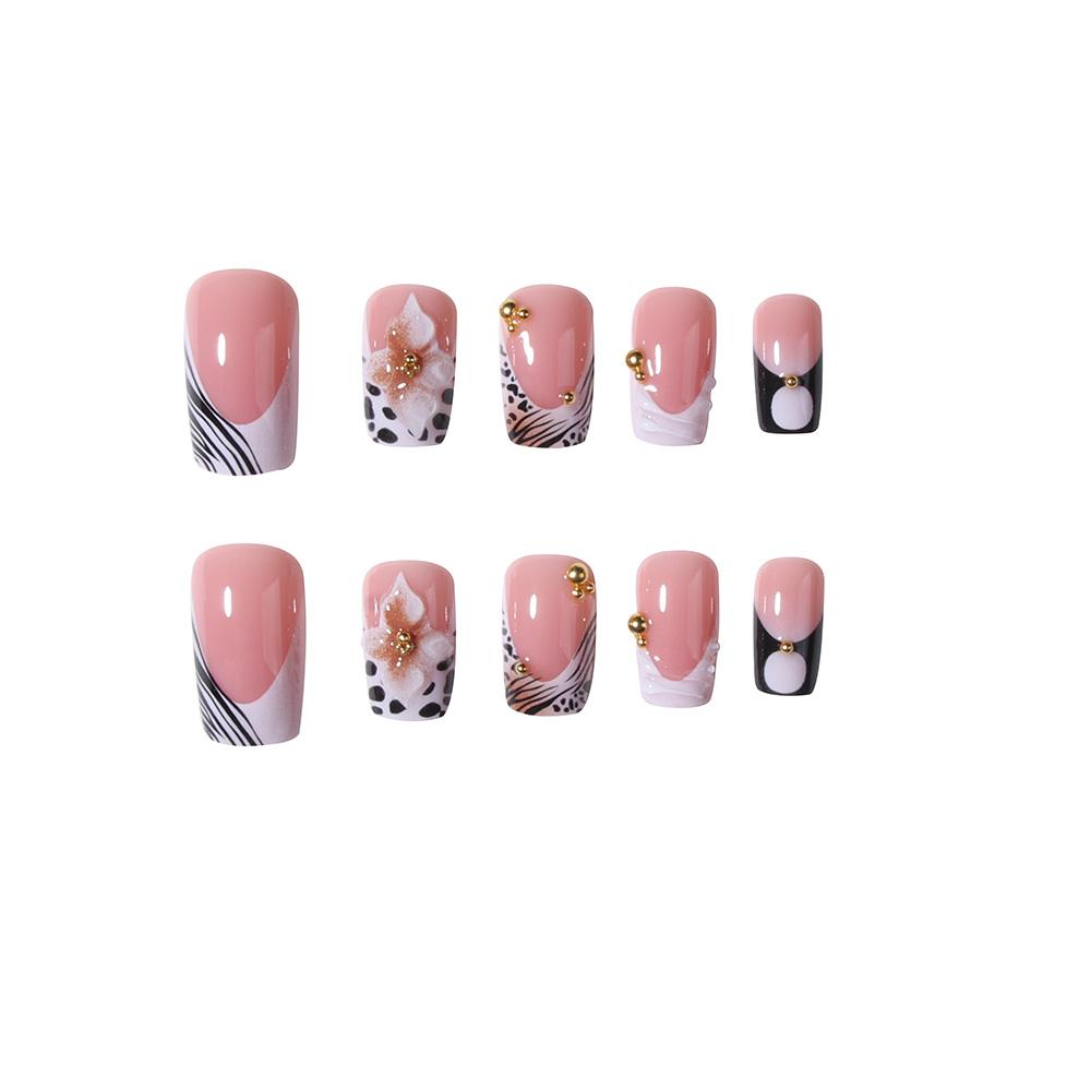 24pcs Short Square Nails Leopard French Flower Gold Pearl Design ...