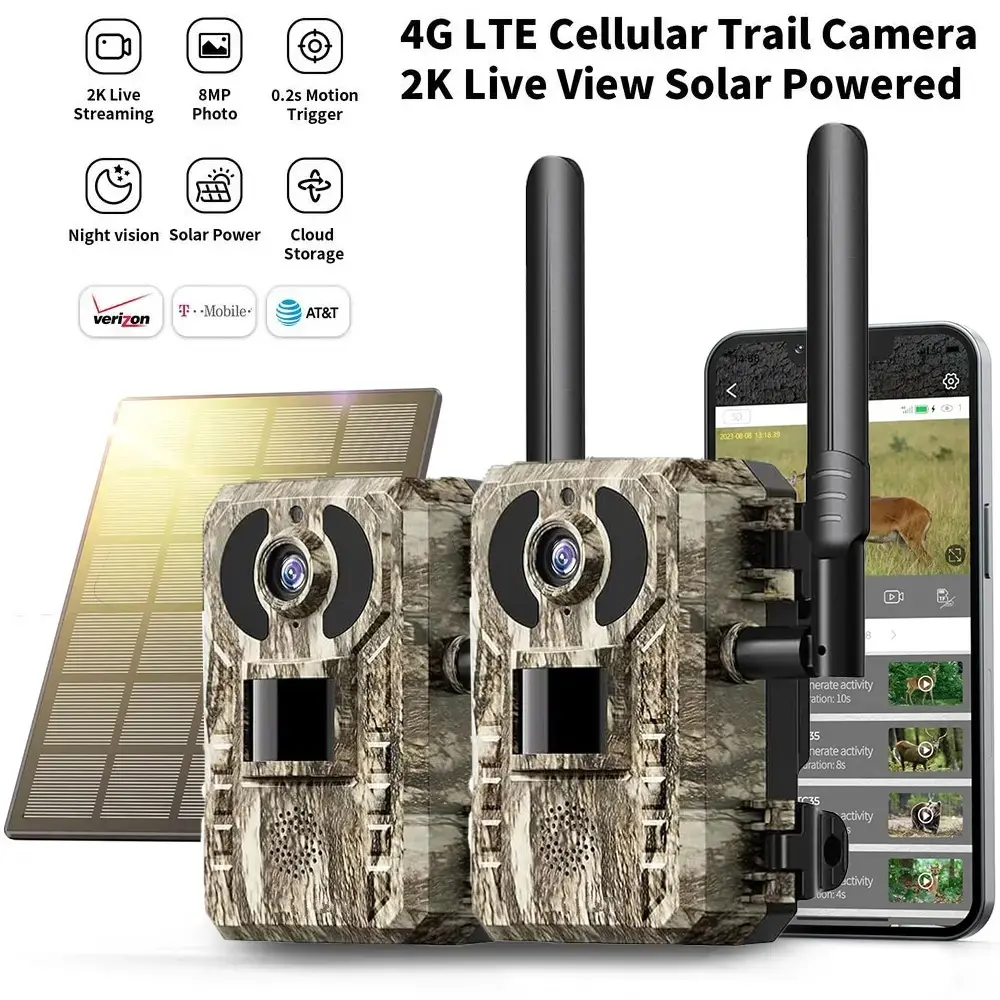 2-Pack 4G LTE Cellular Trail Cameras, Solar Powered 2.7K Live View Hunting Cameras with Built-in SIM, Remote Phone Access, 0.2s Trigger, Motion Detection & Night Vision,deer,turkey ip66 waterproof