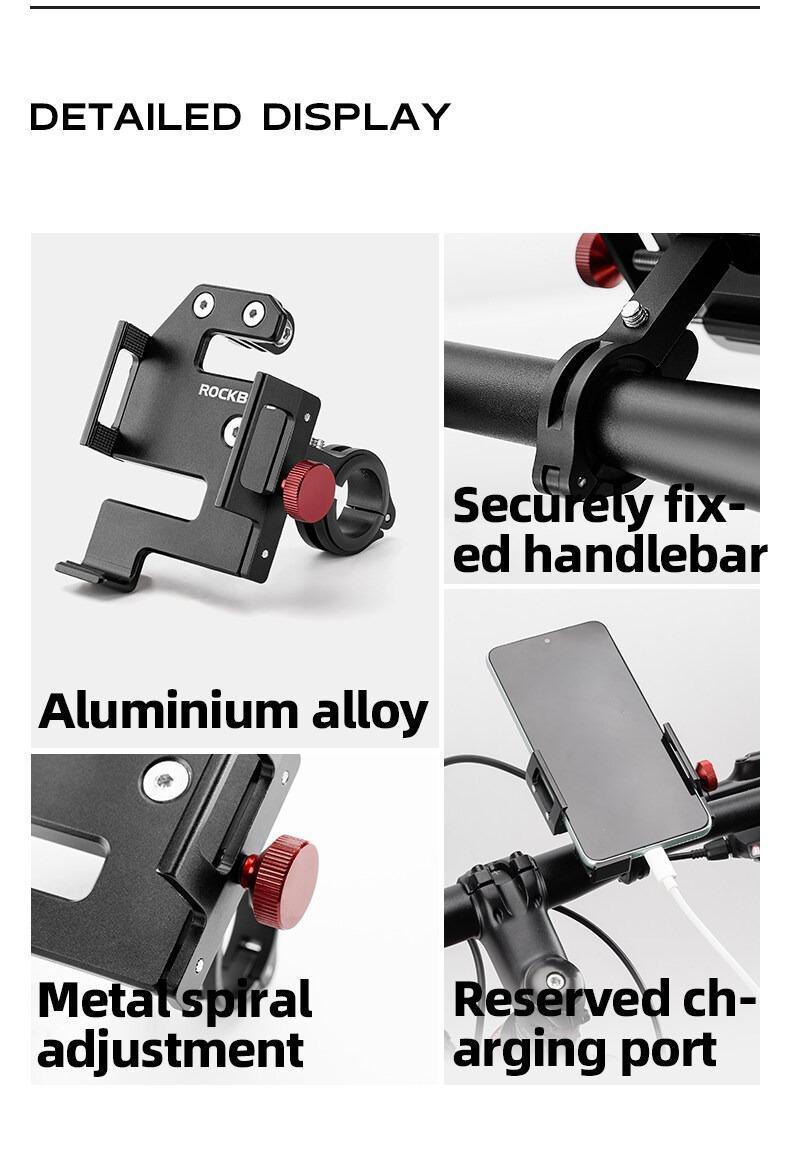 ROCKBROS S Shaped Bicycle Phone Holder Aluminum Alloy Adjustable Bike Mobile Phone Stand Bracket Mechanical Locking Cycling Mount for Cell Phone 4.7-7 inch