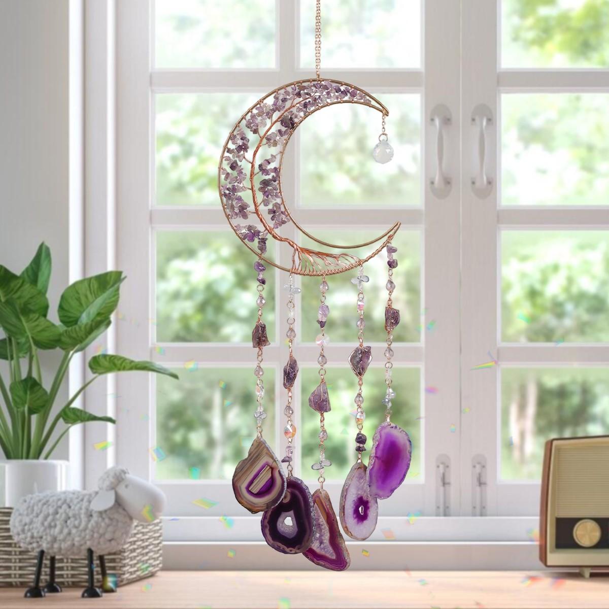 Gemstone Moon Suncatcher - Copper Wire Wrapped Tree of Life & Natural Agate Slice Wind Chimes, Crystal Rainbow Maker for Home Window, Garden & Wedding Decor, Perfect Birthday Gift