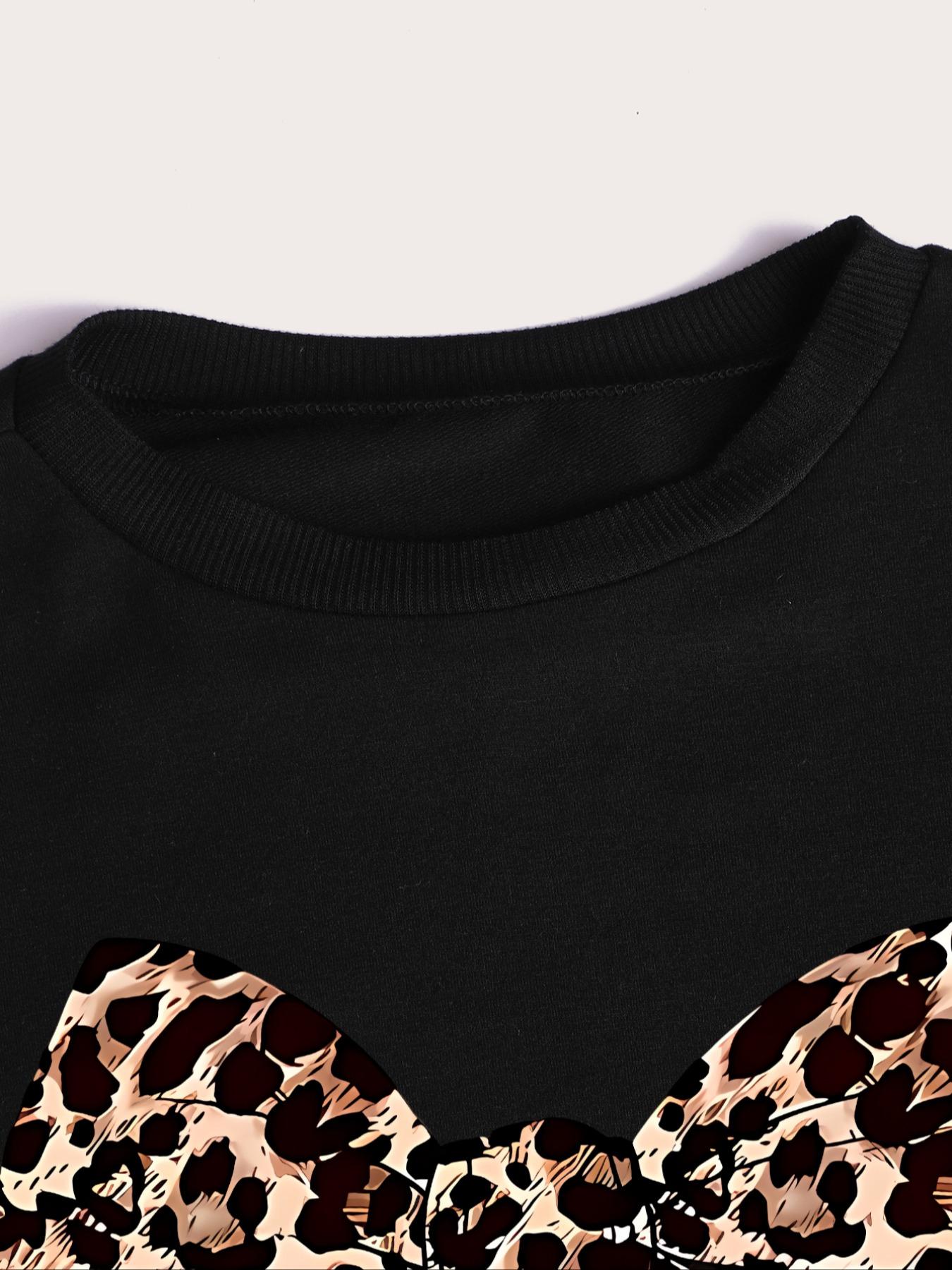 Women's Leopard Bow Print Sweatshirt Set, Long Sleeve Round Neck Top, Drawstring Pants, Casual Fitted for Fall Winter