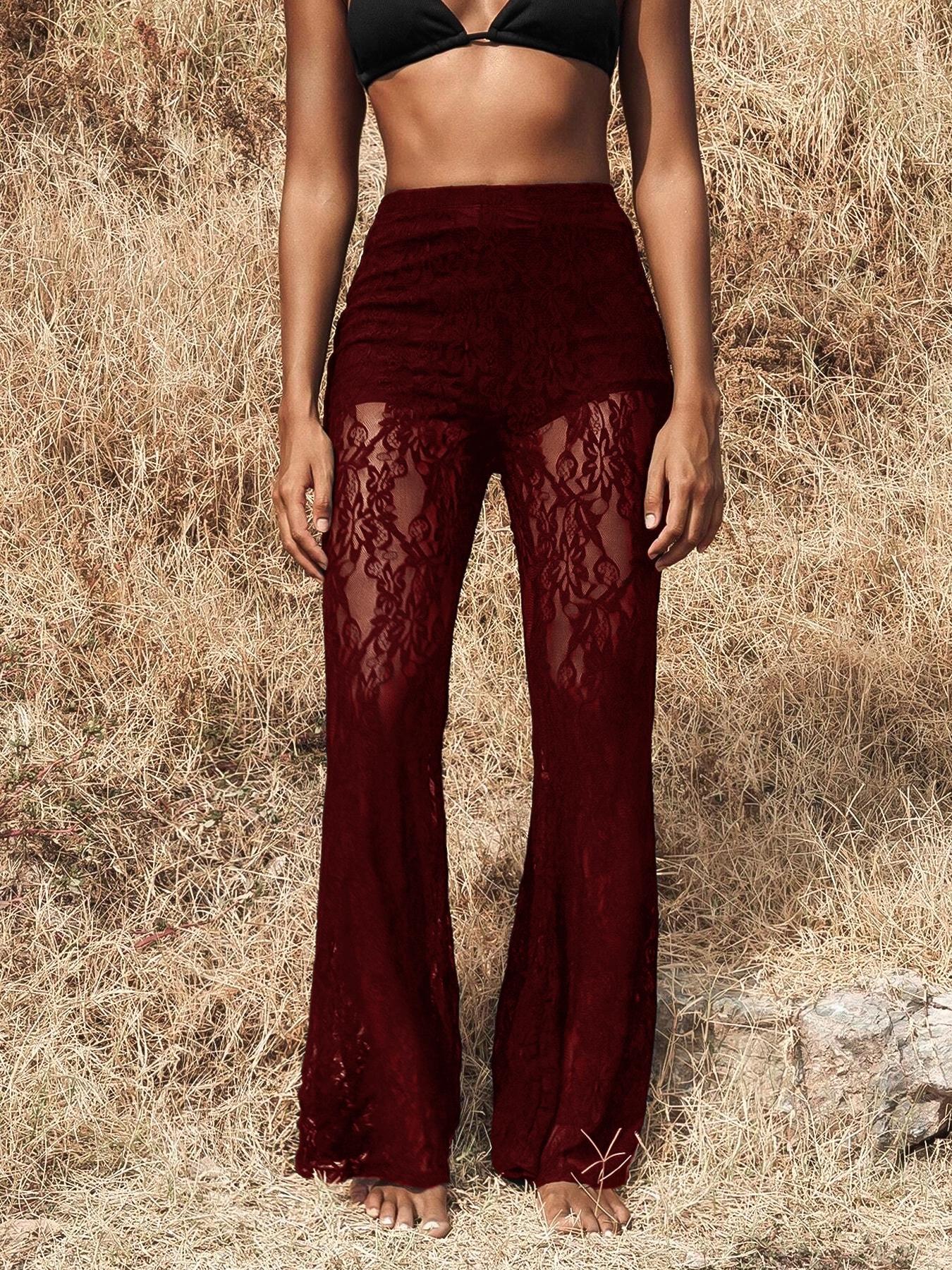 Women's High Waist Lace Knit Pants, Sexy Transparent Design, Flare Leg, Elegant Ladies' Fashion, Perfect for Daily Wear