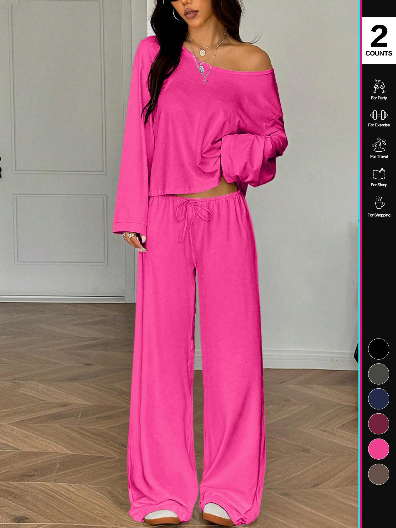 Women's 2 Piece Matching Lounge Set Off The Shoulder Long Sleeve Top and Drawstring Wide Leg Pants Casual Sweatsuit