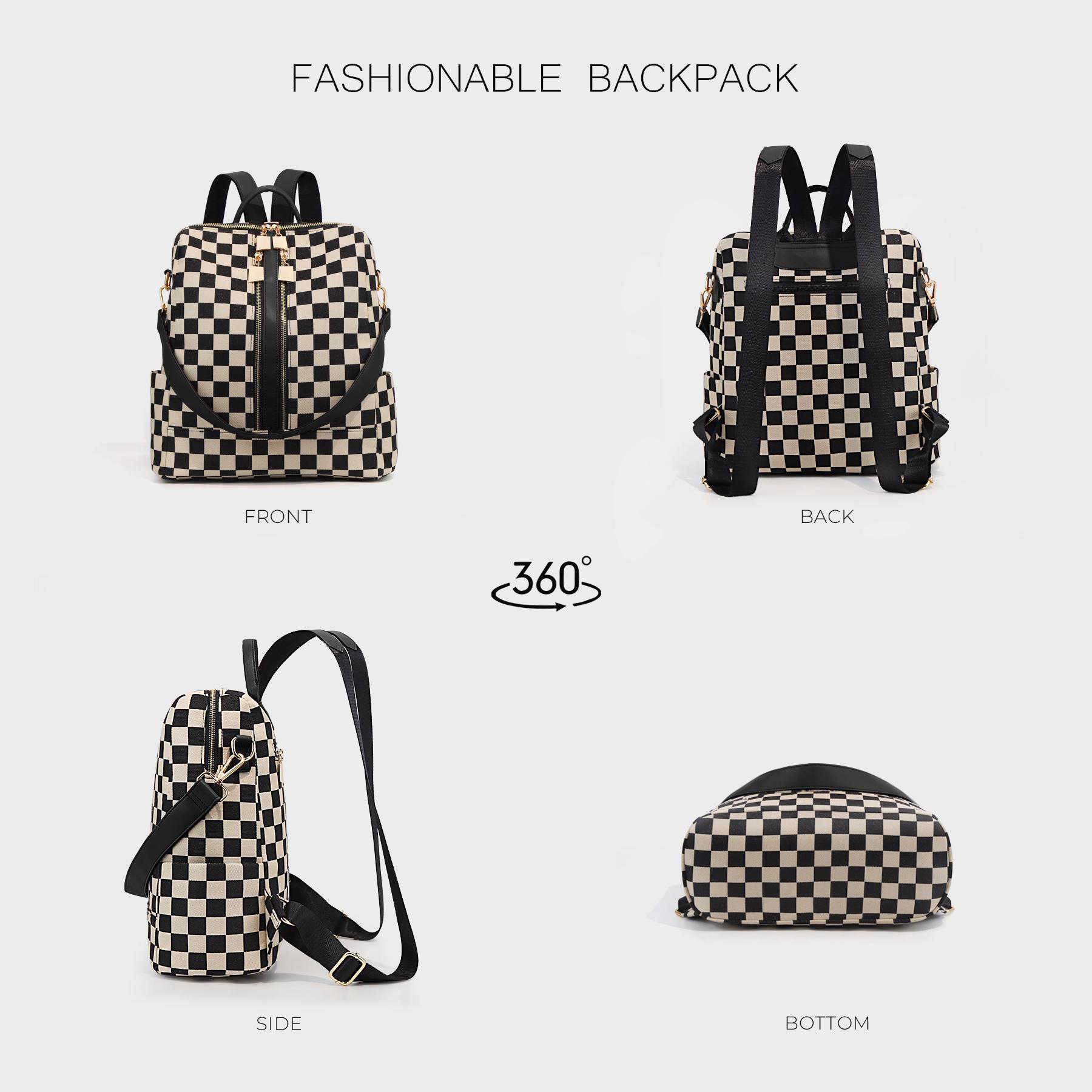 Checkerboard Pattern Backpack Set, Women'S Vintage Trendy Casual Large Capacity Zipper Travel Backpack & Wristlet, Multifunctional Bag Set For Daily Use