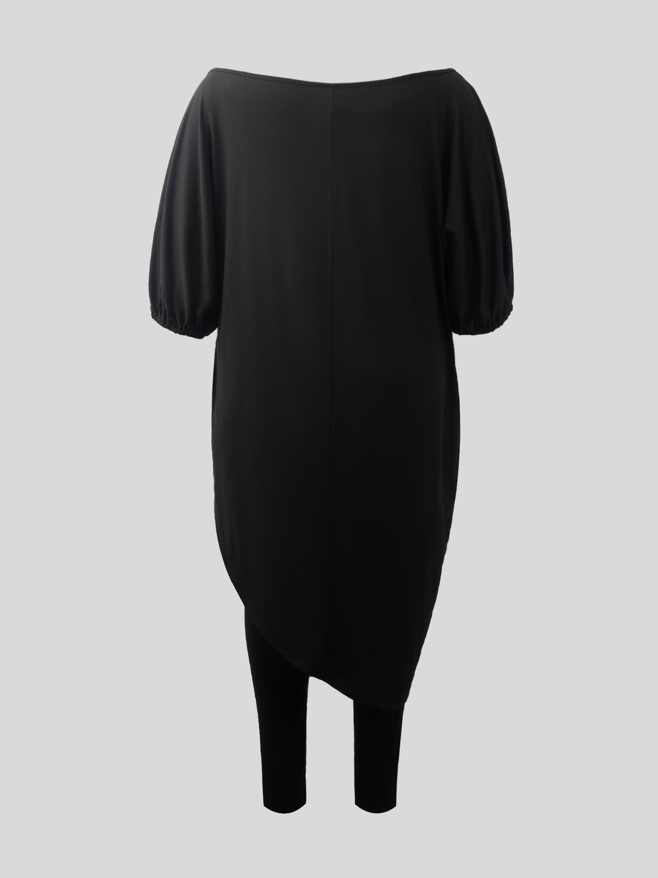 【Plus Size】 Women's Two-Piece Set Asymmetrical Hem Lantern Sleeve Top & Elastic Waist Pants, Casual Three Quarter Length Sleeve Boat Neck Top & Trousers for Daily Wear, Women's Two-piece Outfits for Fall & Winter, Clothes