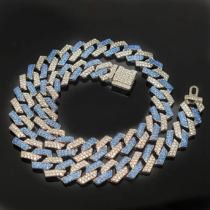 Men's Hip Hop Necklace With Pink And Blue Cuban Chain, Geometric Bar And Rhombus Pendant, Trendy Streetwear Jewelry For Daily Styling, Party And Hip Hop Performance Occasions.sohochic.