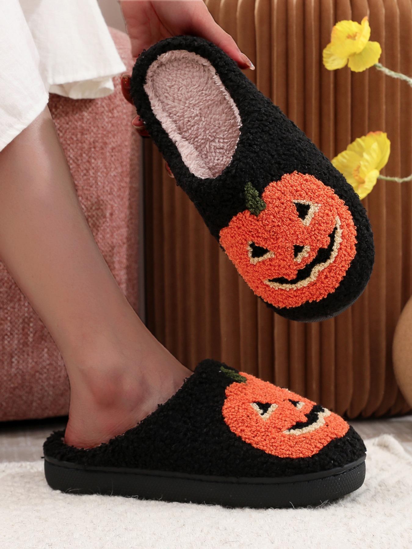 Women's Cartoon Pumpkin Pattern White Slippers, Casual Soft Comfortable Home Slippers, Warm Lightweight Slipper for Indoor & Outdoor Useas Birthday Gifts Halloween, Girl, Footwear
