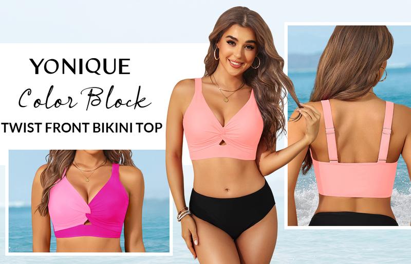 Yonique Women Bikini Top Only - Supportive Swimsuit Top Large Bust Bathing Suit Top Cut Out Twist Swim Top