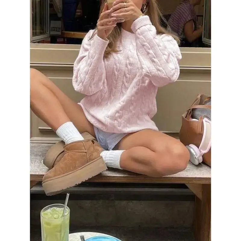Women's Round Neck Twisted Flower Long Sleeve Knitted Sweater Top Loose Pink Cute Pullover for Daily Commuting Fall Winter Powdered Rose
