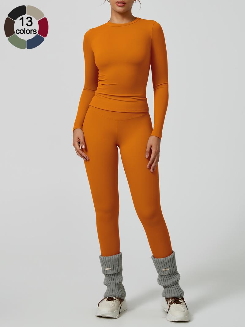 Women's Solid Long-Sleeve Tee & High-Waist Leggings Set, Sporty Round Neck Top & Skinny Pants 2-Piece Set for Gym Workout and Running, Ladies Fall & Winter Sportswear, Sports Fitness Wear